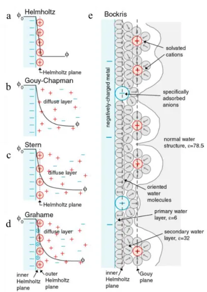 Figure 6.5 Models of electrical double layer. a. Helmholtz model. b. Gouy-Chapman model