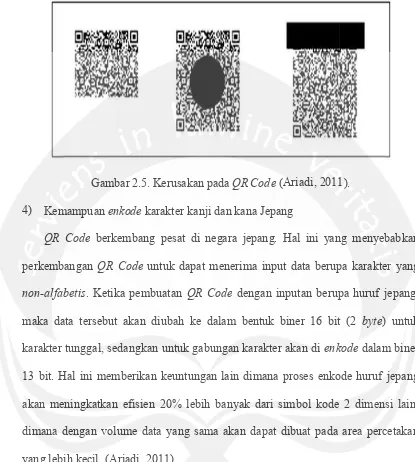 Gambar 2.5. Kerusakan padaGambar 2.5. Kerusakan padaGambar 2.5. Kerusakan pada QR Code QR Code QR Code (Ariadi, 2011)