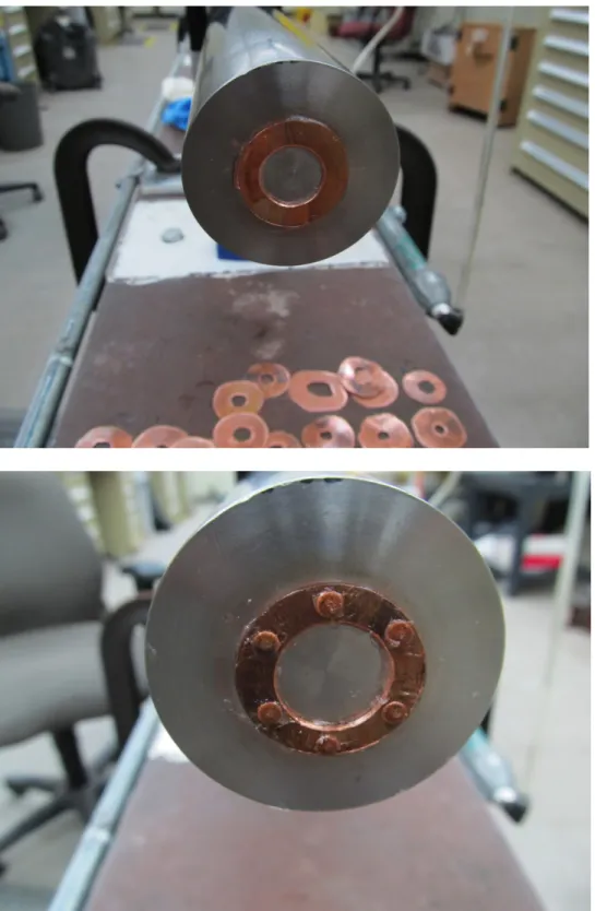 Figure 5.8 Pulse shaper mounted on impact face of incident bar (top) 240s -1  pulse shaper  (bottom) 100s -1  pulse shaper 