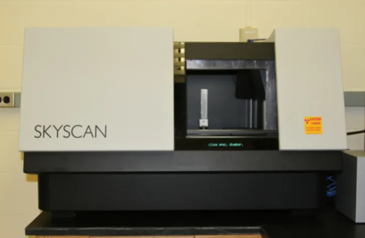 Figure 3.10 (middle) shows how the 19mm diameter specimen was cored to obtain a  6.35mm diameter specimen for the 5.36µm pixel resolution analysis and Figure 3.10  (right) shows the 6.35mm diameter specimen