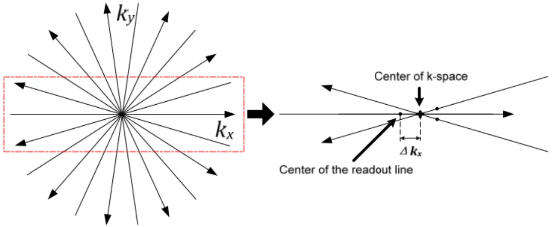 Figure 2.13 . Left part of the figure shows the radial sampling trajectory. On the right is an  exaggerated explanation of the red window
