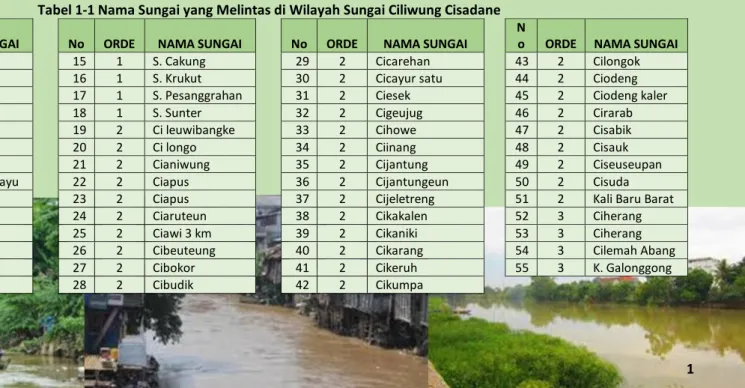 Tabel 1-1 Nama Sungai yang Melintas di Wilayah Sungai Ciliwung Cisadane  No  ORDE  NAMA SUNGAI  No  ORDE  NAMA SUNGAI  No  ORDE  NAMA SUNGAI 