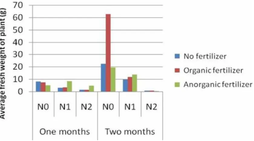 Fig. 2. The average fresh weight of A. paniculata at 1 or 2 months following grown under different light  intensity and fertilizer