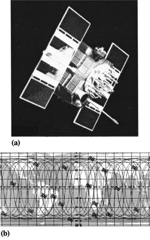 Fig. 4. GPS satellites and their orbits: �a� deployed GPS satellite; �b�satellite positions at midnight on September 29, 1998 �Dana 1998�