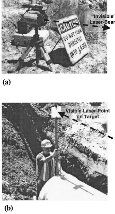 Fig. 6. Line and grade laser for drainage pipe installation: �a� in-stalled and calibrated laser above ground; �b� laser target held verticalwith bubble level