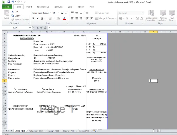Gambar 3.1 Pembuatan kwitansi  dinas secara manual di Microsoft Excel 