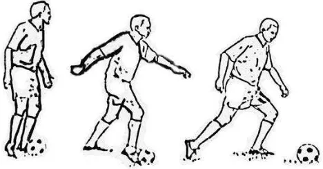 Gambar 8. Menggiring bola menggunakan kaki bagian dalam (Sumber: Sucipto, 2000: 29) 