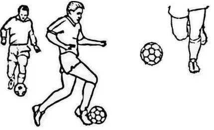 Gambar  10. Menggiring bola menggunakan punggung kaki (Sumber: Sucipto, 2000: 31) 