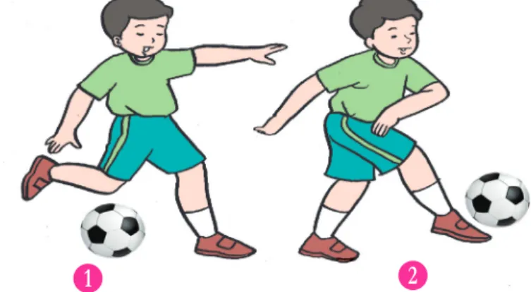 Gambar 1.2 menunjukkan variasi berjalan dan berlari dengan  menendang bola. Gerakan menendang bola untuk mengoper atau  mengumpan kepada teman