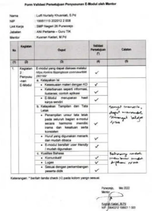 Gambar 2.5.2 Form Validasi Persetujuan E-Modul Oleh Mentor 