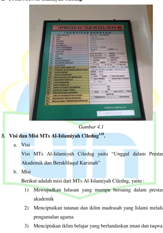 Gambar 4.1  3.  Visi dan Misi MTs Al-Islamiyah Ciledug 118 . 