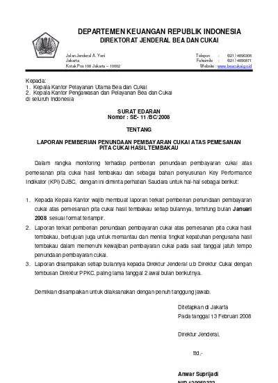 SURAT EDARAN DIRJEN BEA DAN CUKAI NOMOR SE-11/BC/2008