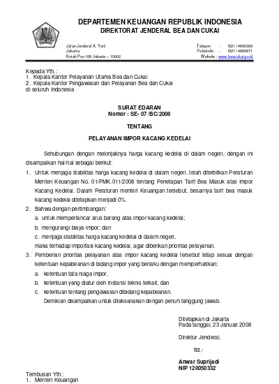 SURAT EDARAN DIRJEN BEA DAN CUKAI NOMOR SE-07/BC/2008