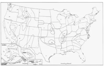 Figure 2.9: Seismic Zones of the United States, (UBC 1995) I: Importance Factor: which was given by Table 2.8.