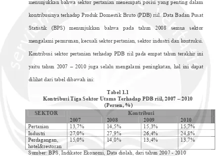 Tabel 1.1 Kontribusi Tiga Sektor Utama Terhadap PDB riil, 2007 – 2010  