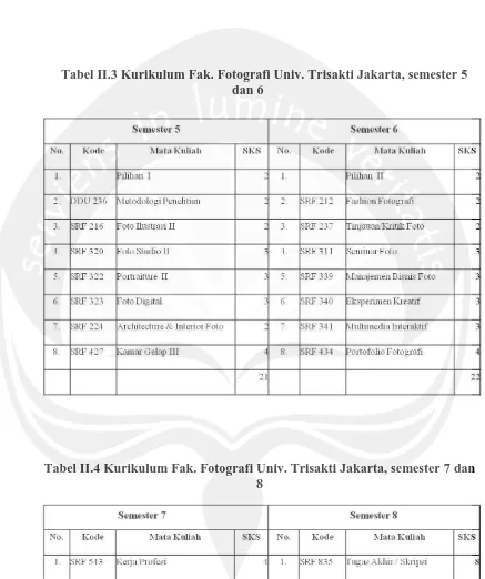 Tabel II.3 Kurikulum Fak. Fotografi Univ. Trisakti Jakarta, semester 5 dan 6 