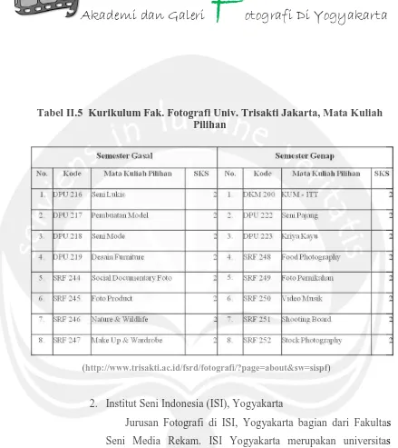 Tabel II.5  Kurikulum Fak. Fotografi Univ. Trisakti Jakarta, Mata Kuliah Pilihan 