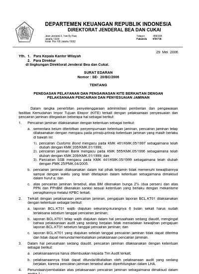 SURAT EDARAN DIRJEN BEA DAN CUKAI NOMOR SE-20/BC/2006