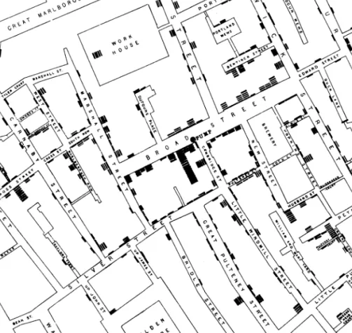 FIGURE 1-2  Distribution of deaths from cholera in the Broad Street neighborhood from August 19 to  September 30, 1854
