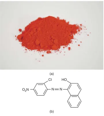 Figure 3.1 D&C Red No. 36: (a) photograph; (b) chemical structure.