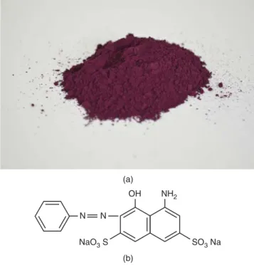 Figure 3.2 D&amp;C Red No. 33: (a) photograph; (b) chemical structure.