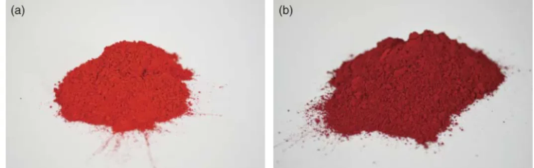 Figure 3.5 (a) Barium salt of D&amp;C Red No. 6. (b) D&amp;C Red No. 7.