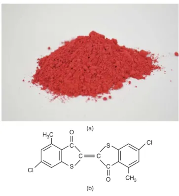 Figure 3.9 D&amp;C Red No. 30: (a) photograph; (b) chemical structure.