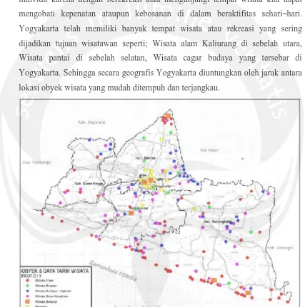 Gambar  I.1. Peta sebaran obyek dan daya tarik Wisata Propinsi Daerah Istimewa Yogyakarta Sumber: Dinas Pariwisata D.I.Yogyakarta.(th.2010)1 