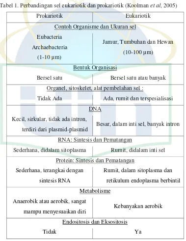 Tabel 1. Perbandingan sel eukariotik dan prokariotik (Koolman et al, 2005) 