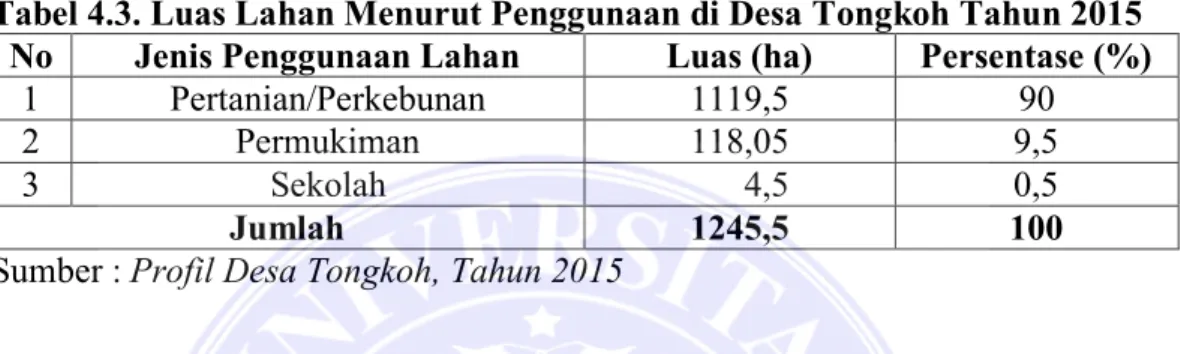 Tabel 4.3. Luas Lahan Menurut Penggunaan di Desa Tongkoh Tahun 2015  No  Jenis Penggunaan Lahan  Luas (ha)  Persentase (%) 