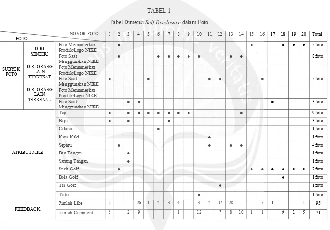 Tabel Dimensi TABEL 1 Self Disclosure dalam Foto 