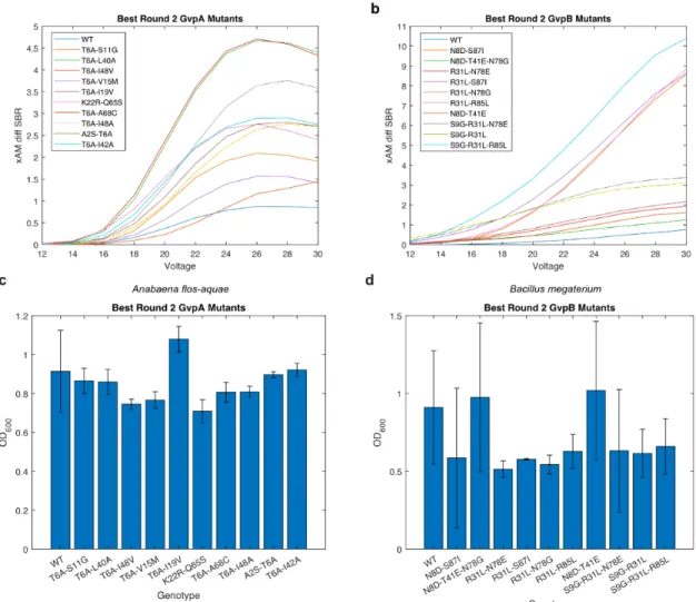 Figure 3-S4. Characterization of the top mutants from Round 2 of evolution. (A-B) xAM difference SBR  as a function of pressure for each of the top mutants