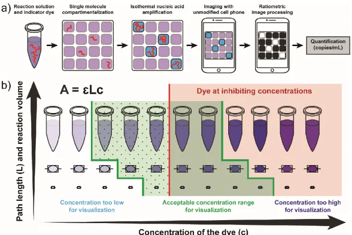Figure 3.1 A visual readout approach for digital single-molecule isothermal amplification for  use with an unmodified cell phone camera