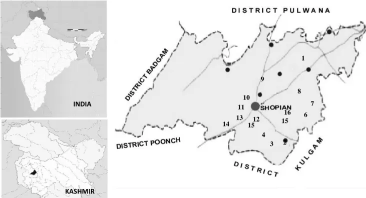 Figure 1. Research sites in district Shopian of Jammu and Kashmir State, India. 1. Zainapora; 2