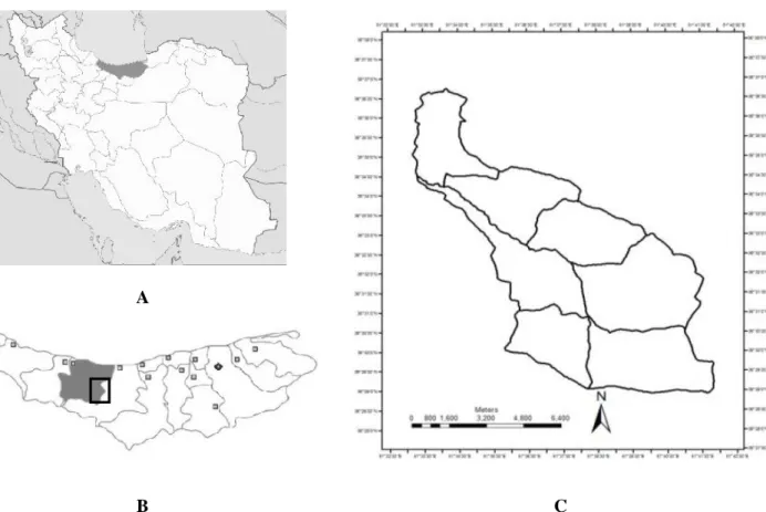 Figure  1. Study  site in  the  Kheyrud  Forest  Research  Station  of  University  of  Tehran  (KFR)  (C),  east  of  Nowshahr  (B),  Mazandaran Province, northern Iran (A).