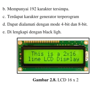 Gambar 2.8. LCD 16 x 2  Cara kerja LCD secara umum : 