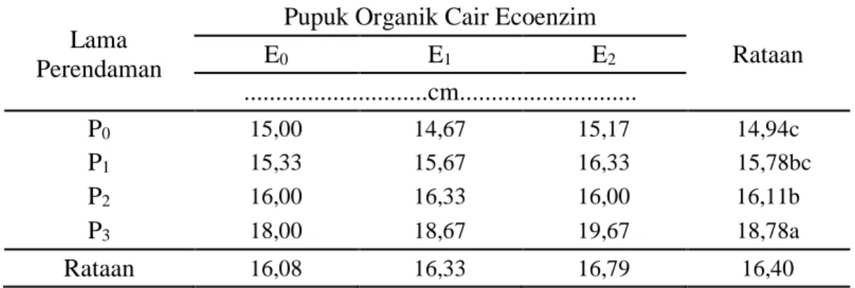 Tabel 2. Tinggi Bibit Padi Pada Perlakuan Lama Perendaman Dan Pupuk Organik  Cair Ecoenzim 