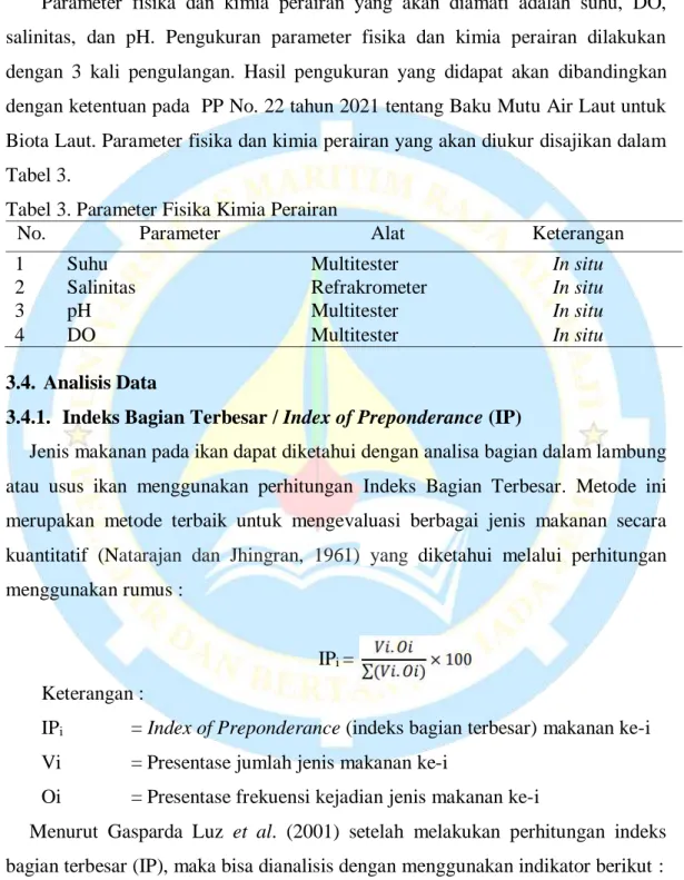Tabel 3. Parameter Fisika Kimia Perairan  