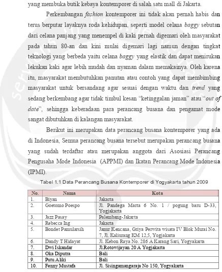 Tabel 1.1 Data Perancang Busana Kontemporer di Yogyakarta tahun 2009 