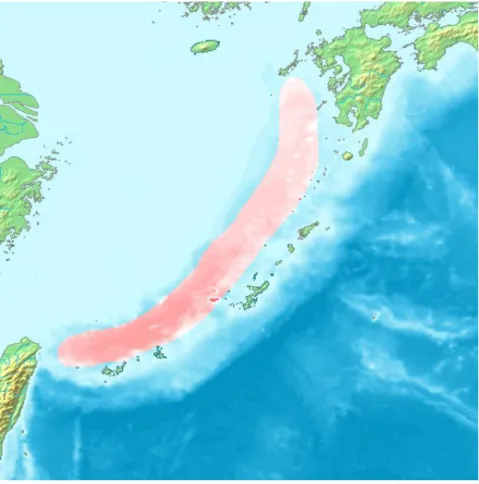 Figure  4.3  The  Okinawa  Trough,  Indicated  by  Red  Line.    Source:  Seiyo  City  Geological  Museum 