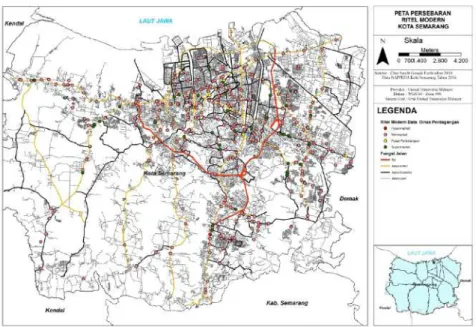 Gambar 1.1: Peta Persebaran Ritel Modern di Kota SemarangData Dinas  Perdagangan Tahun 2016 (Dinas Perdagangan Kota Semarang Tahun 2016, 