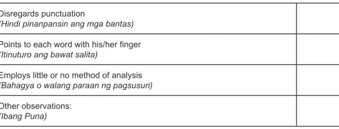 Table 9. Oral Reading Observation Checklist Disregards punctuation