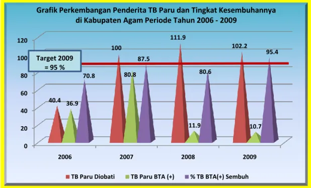 Grafik Perkembangan Penderita TB Paru dan Tingkat Kesembuhannya  di Kabupaten Agam Periode Tahun 2006 - 2009