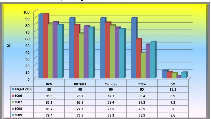 Grafik Perkembangan Pelayanan Imunisasi Bayi dan Ibu Hamil  di Kabupaten Agam Periode tahun 2006 - 2009 