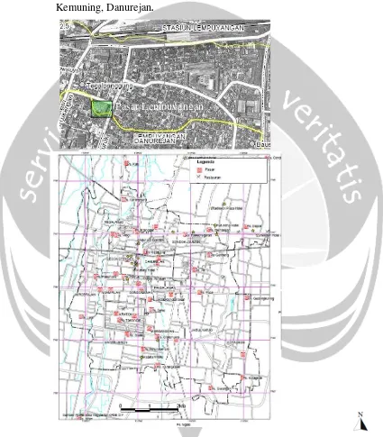 Gambar 1.2 Persebaran pasar pada daerah kota Yogyakarta, dan letak pasar Lempuyangan Sumber : BAPPEDA DIY, 2008 Peranan keberadaan pasar Lempuyangan cukup penting dalam 