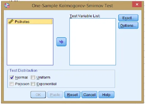 Gambar 2.14 Kotak Dialog  Uji 1 Sampel Kolmogoro Smirnov  5.  Selanjutnya klik OK  akan muncul luaran sbb: 