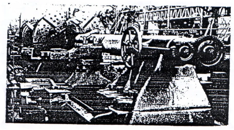 Gambar 18.1. Sebuah pembubut mesin awal abad kedua puluh yang digerakkan oleh Sabuk. Orang yang berdiri dalam lubang landasan sedang memeriksa diameter.