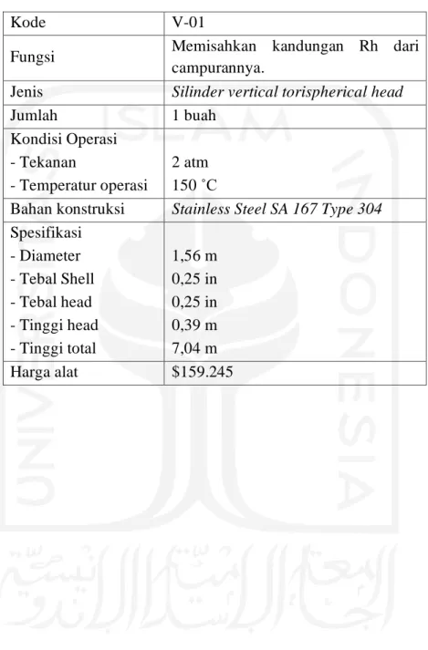 Tabel 3.3. Spesifikasi Flash Drum 