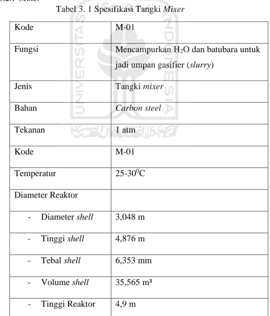 Tabel 3. 1 Spesifikasi Tangki Mixer 