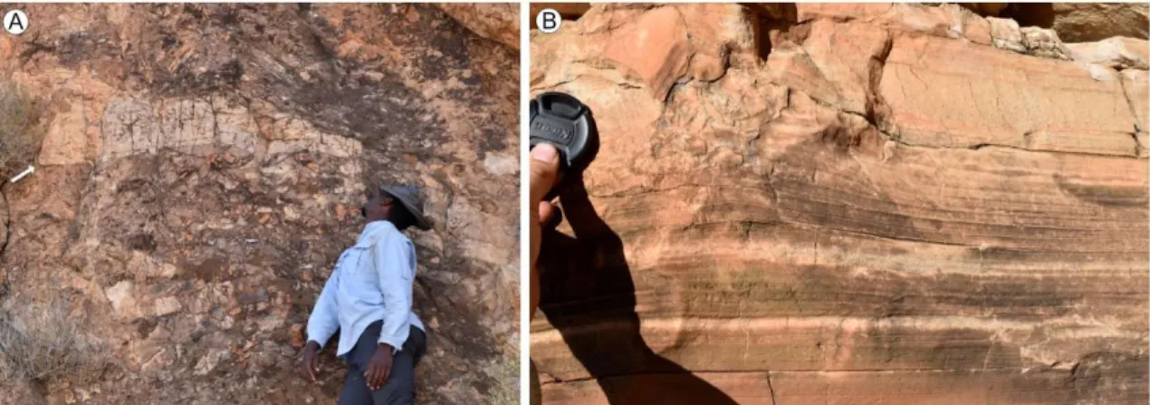 Figure  2.7.  (A)  Sedimentary  breccia  facies  with  up  to  meter-scale  angular  blocks  of  light-toned  laminated dolostone and silicified oolite